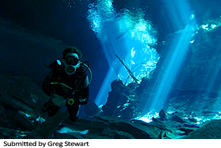 Submitted by Greg Stewart - Photo of Greg diving the cenotes in the Yucatan.